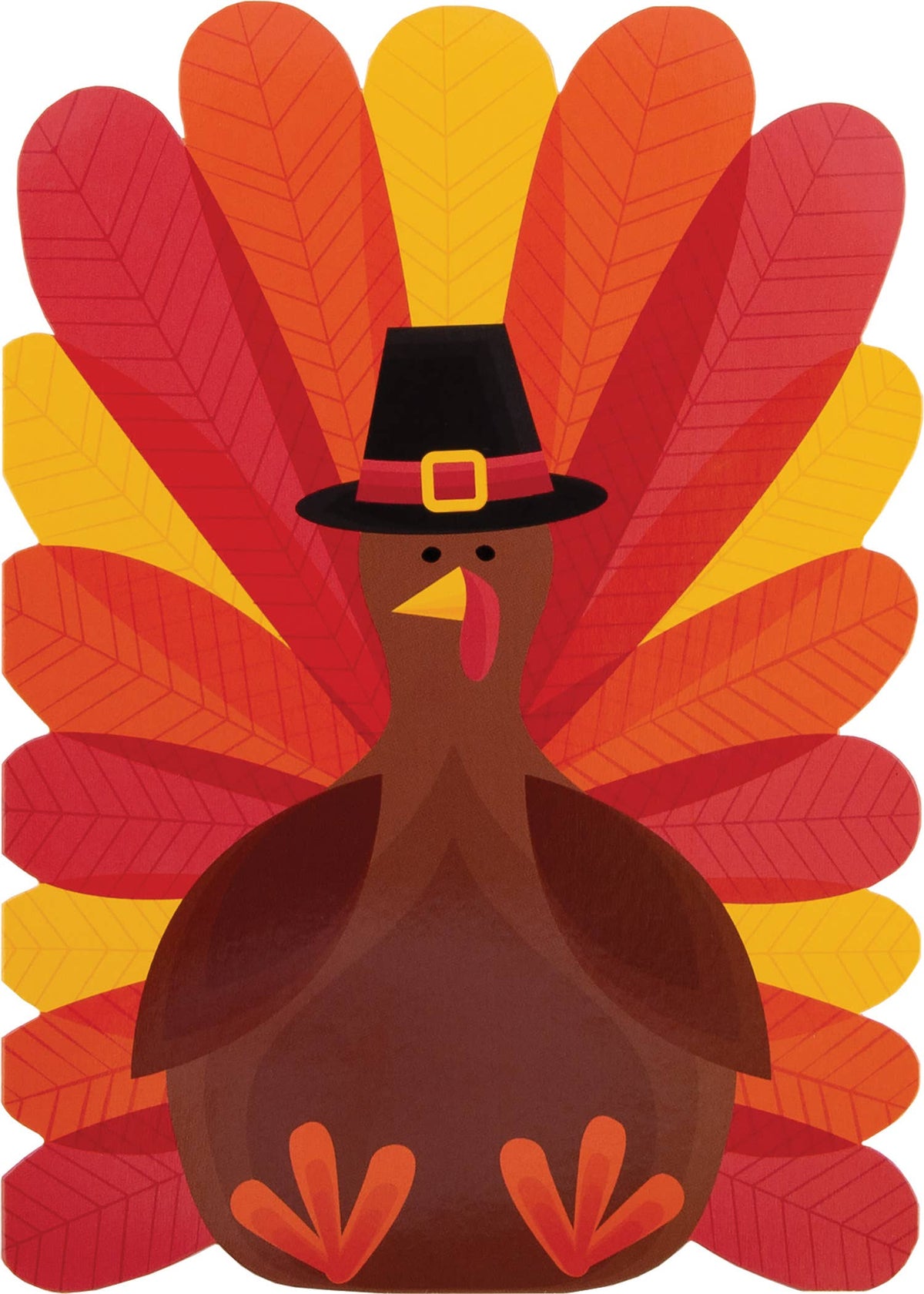 Cool Dress Up Turkey Greeting Card, A die-cut Thanksgiving card front showing a brown turkey in a black pilgrim hat with a fan of red, orange and yellow feathers.