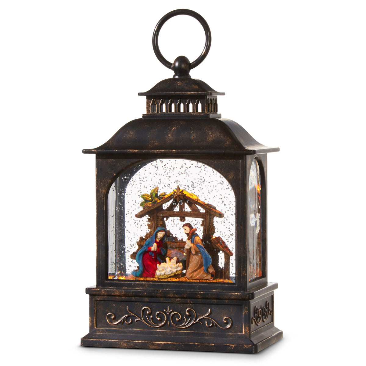 Nativity Lighted Water Lantern, A nativity water lantern with a ring handle showing the Holy Family beneath a star, surrounded by swirling glitter.