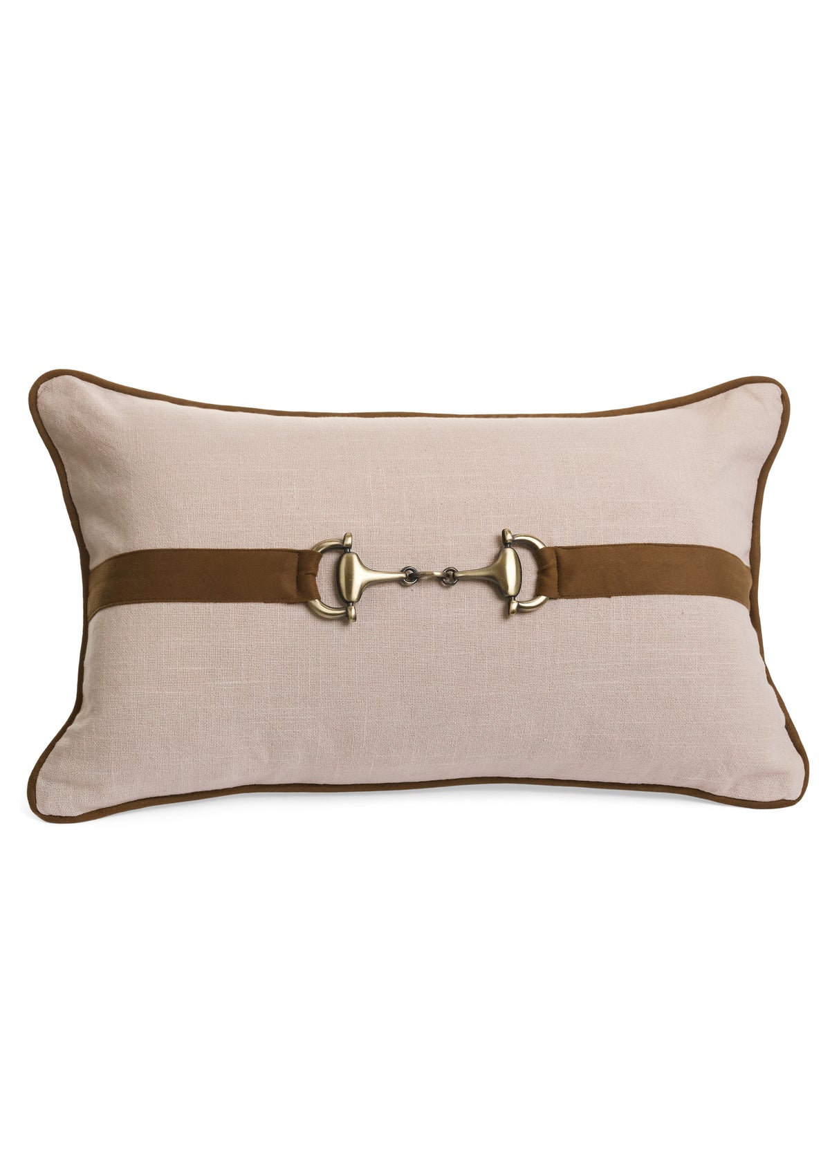 Cotton Slub Cushion with Buckle, A natural cotton slub lumbar cushion with a brown band and gold tone horse bit buckle across the middle.