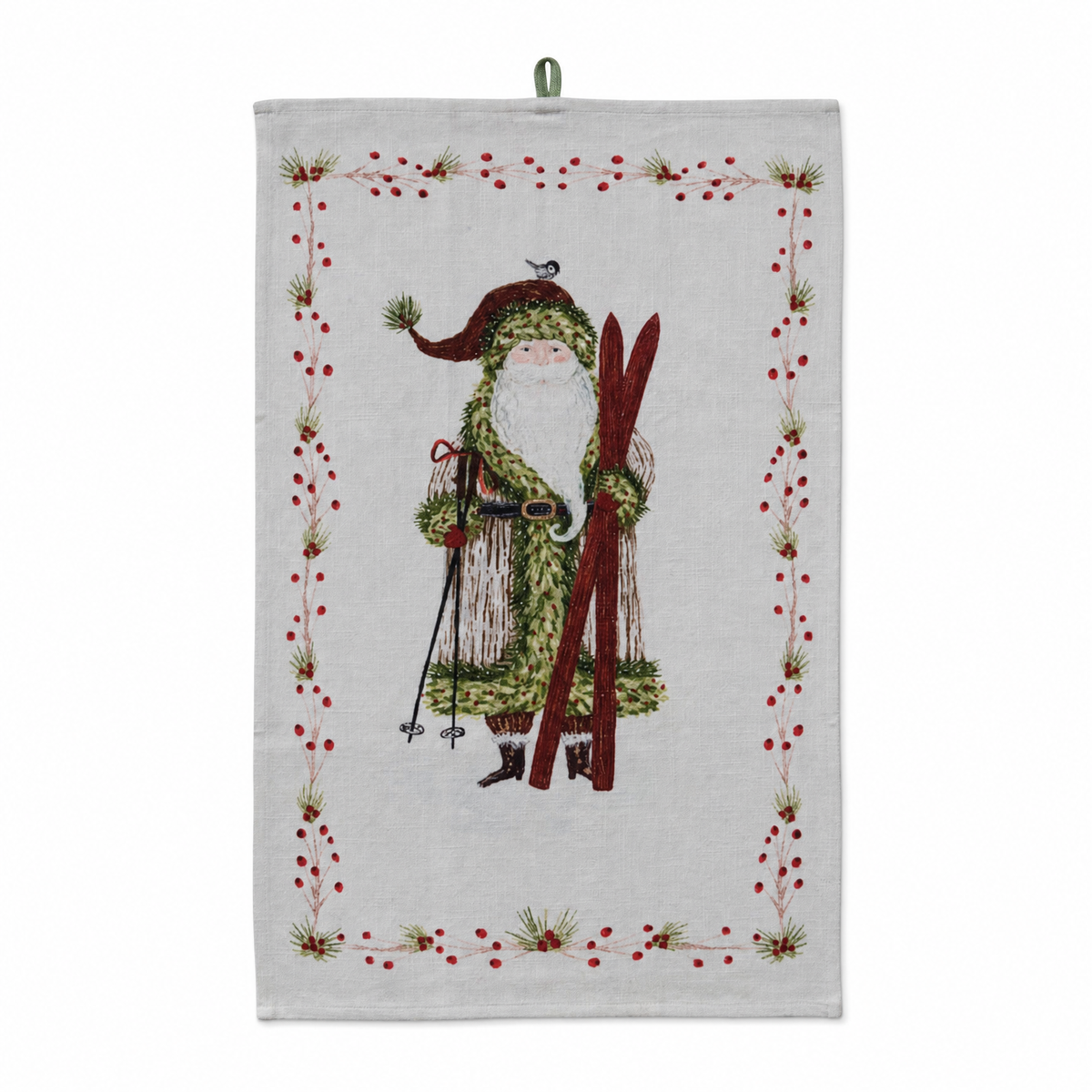 Cotton Slub Printed Tea Towel with Santa and Berries Border, Santa with Skis design: Santa stands with red skis and poles, a bird on his hat