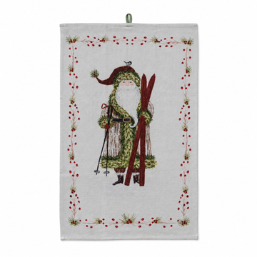 Cotton Slub Printed Tea Towel with Santa and Berries Border, Santa with Skis design: Santa stands with red skis and poles, a bird on his hat