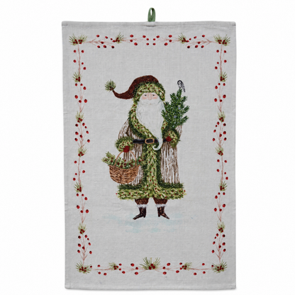 Cotton Slub Printed Tea Towel with Santa and Berries Border, Santa with Basket design: Santa carries a basket and a small pine tree