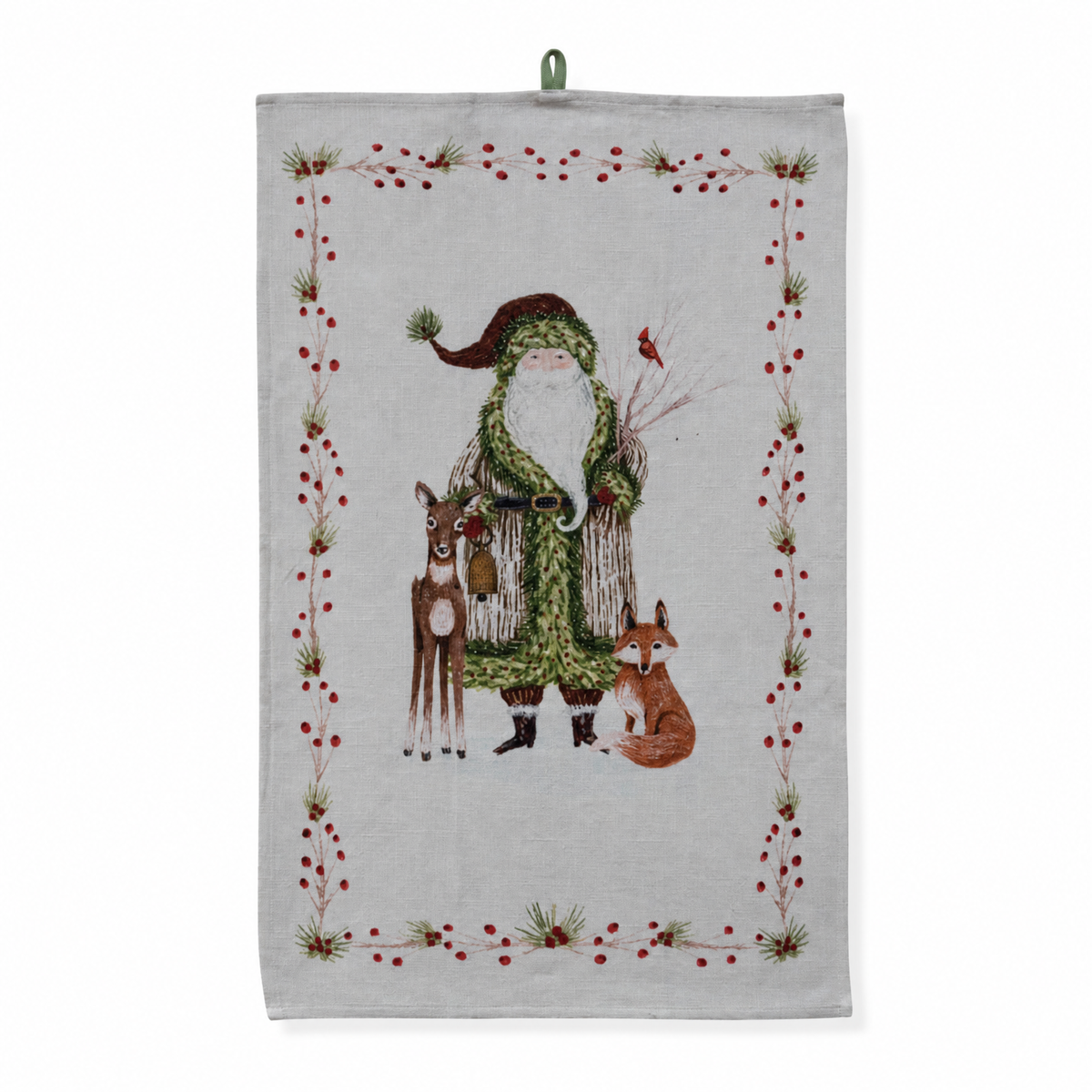 Cotton Slub Printed Tea Towel with Santa and Berries Border, Santa with Woodland Animals design: Santa stands beside a fawn and a fox