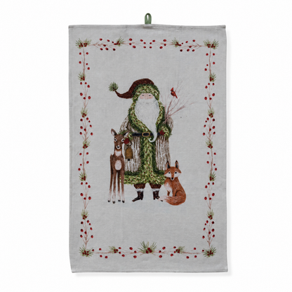 Cotton Slub Printed Tea Towel with Santa and Berries Border, Santa with Woodland Animals design: Santa stands beside a fawn and a fox