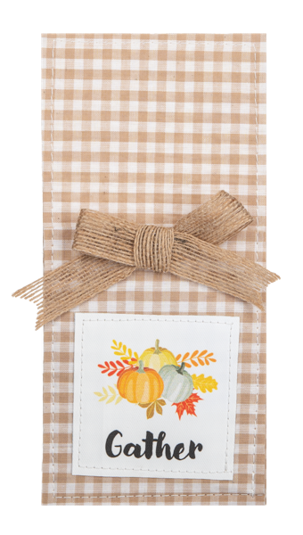 Country Thanksgiving Utensil Pockets, Set of Four, Four tan gingham utensil pockets with jute bows and printed patches reading Thankful, Grateful, Blessed and Gather, one holding a fork and knife.