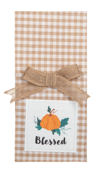 Country Thanksgiving Utensil Pockets, Set of Four, Four tan gingham utensil pockets with jute bows and printed patches reading Thankful, Grateful, Blessed and Gather, one holding a fork and knife.