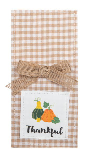 Country Thanksgiving Utensil Pockets, Set of Four, Four tan gingham utensil pockets with jute bows and printed patches reading Thankful, Grateful, Blessed and Gather, one holding a fork and knife.