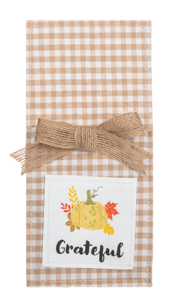 Country Thanksgiving Utensil Pockets, Set of Four, Four tan gingham utensil pockets with jute bows and printed patches reading Thankful, Grateful, Blessed and Gather, one holding a fork and knife.