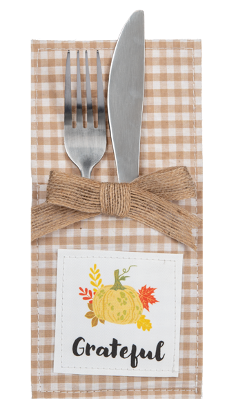 Country Thanksgiving Utensil Pockets, Set of Four, Four tan gingham utensil pockets with jute bows and printed patches reading Thankful, Grateful, Blessed and Gather, one holding a fork and knife.