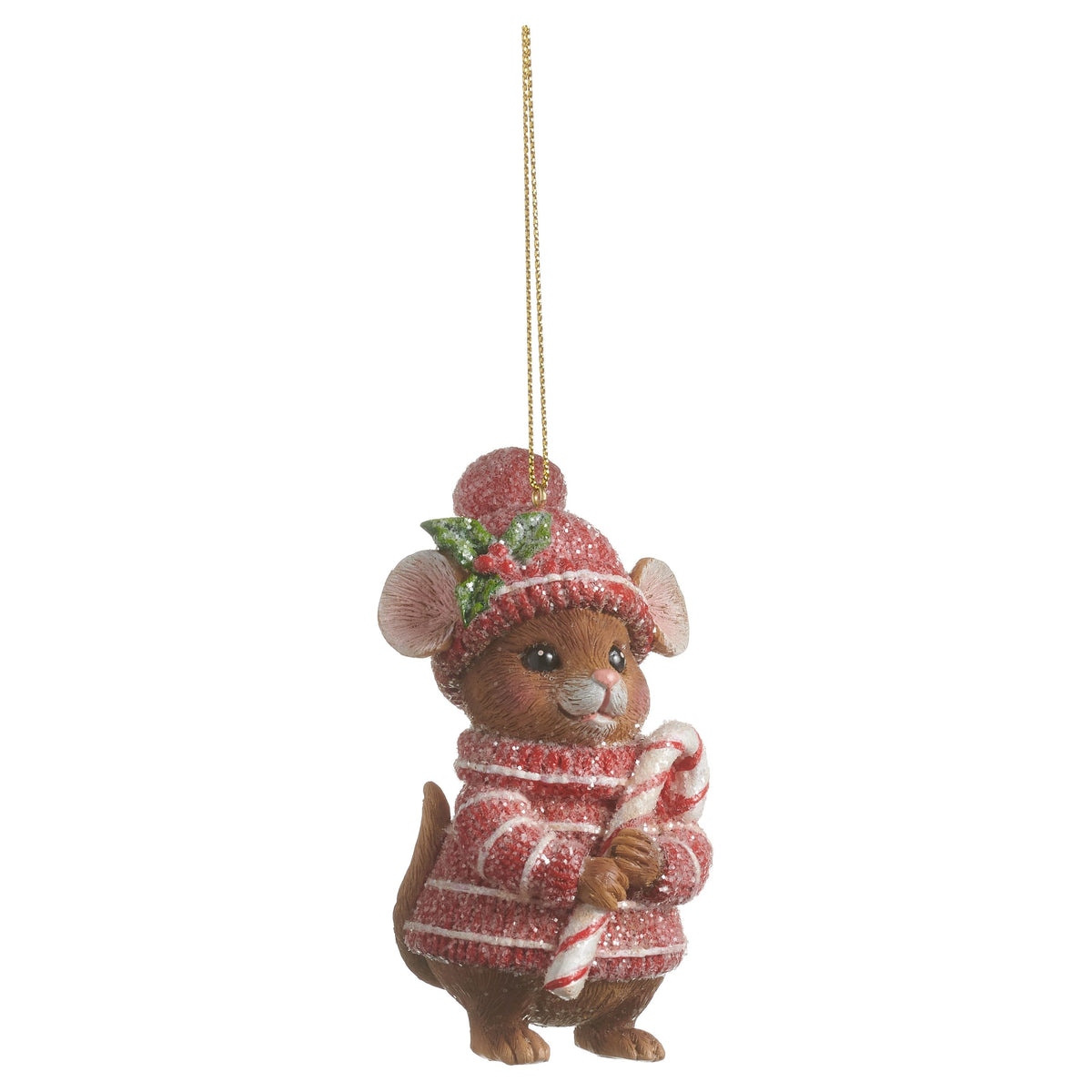 3.5" Cozy Critter Christmas Ornament, Mouse with Candy Cane