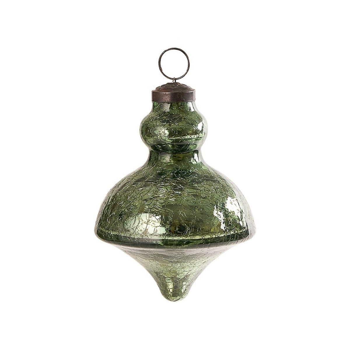 Radiance Crackle Glass Ornament, Green, a green crackle-glass ornament in a finial shape, with a small bulb top, wide middle, and tapered point, topped with an antique metal cap and ring, shown against a plain white background.