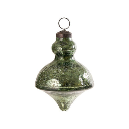 Radiance Crackle Glass Ornament, Green, a green crackle-glass ornament in a finial shape, with a small bulb top, wide middle, and tapered point, topped with an antique metal cap and ring, shown against a plain white background.