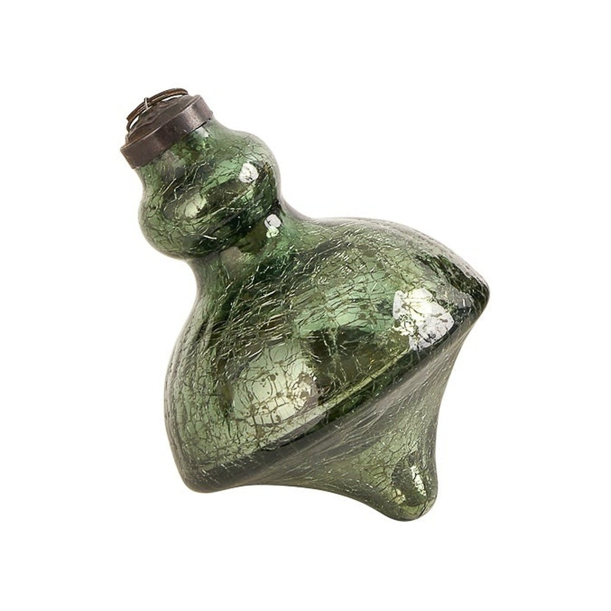 Radiance Crackle Glass Ornament, Green, a green crackle-glass ornament in a finial shape, with a small bulb top, wide middle, and tapered point, topped with an antique metal cap and ring, shown against a plain white background.
