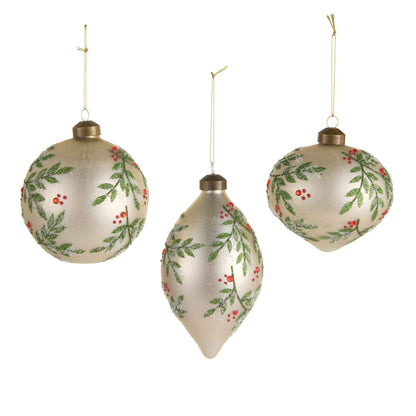 Cream Glass Holly Pattern Ornament