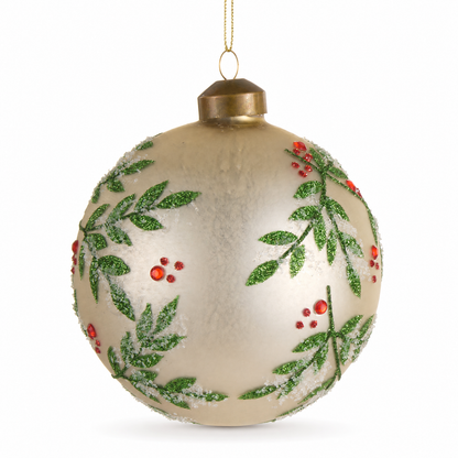 Cream Glass Holly Pattern Ornament, Ball design
