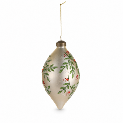Cream Glass Holly Pattern Ornament, Teardrop design