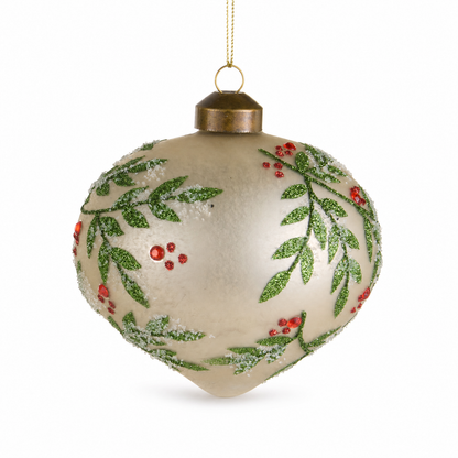Cream Glass Holly Pattern Ornament, Onion design