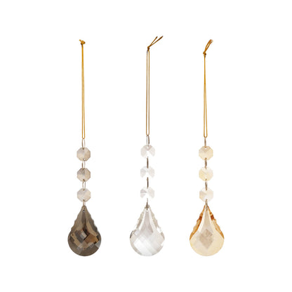 Crystal Hanging Bead Drop Ornament, Three faceted crystal teardrop ornaments on beaded chains, one smoky brown, one clear, one champagne gold.