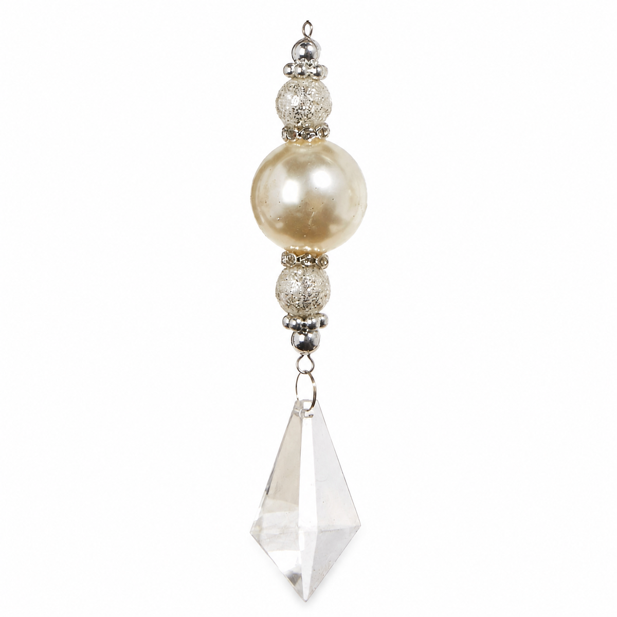 Crystal Pearl Drop Ornament, Spear Crystal design: a long angular drop that widens low and ends in a sharp point