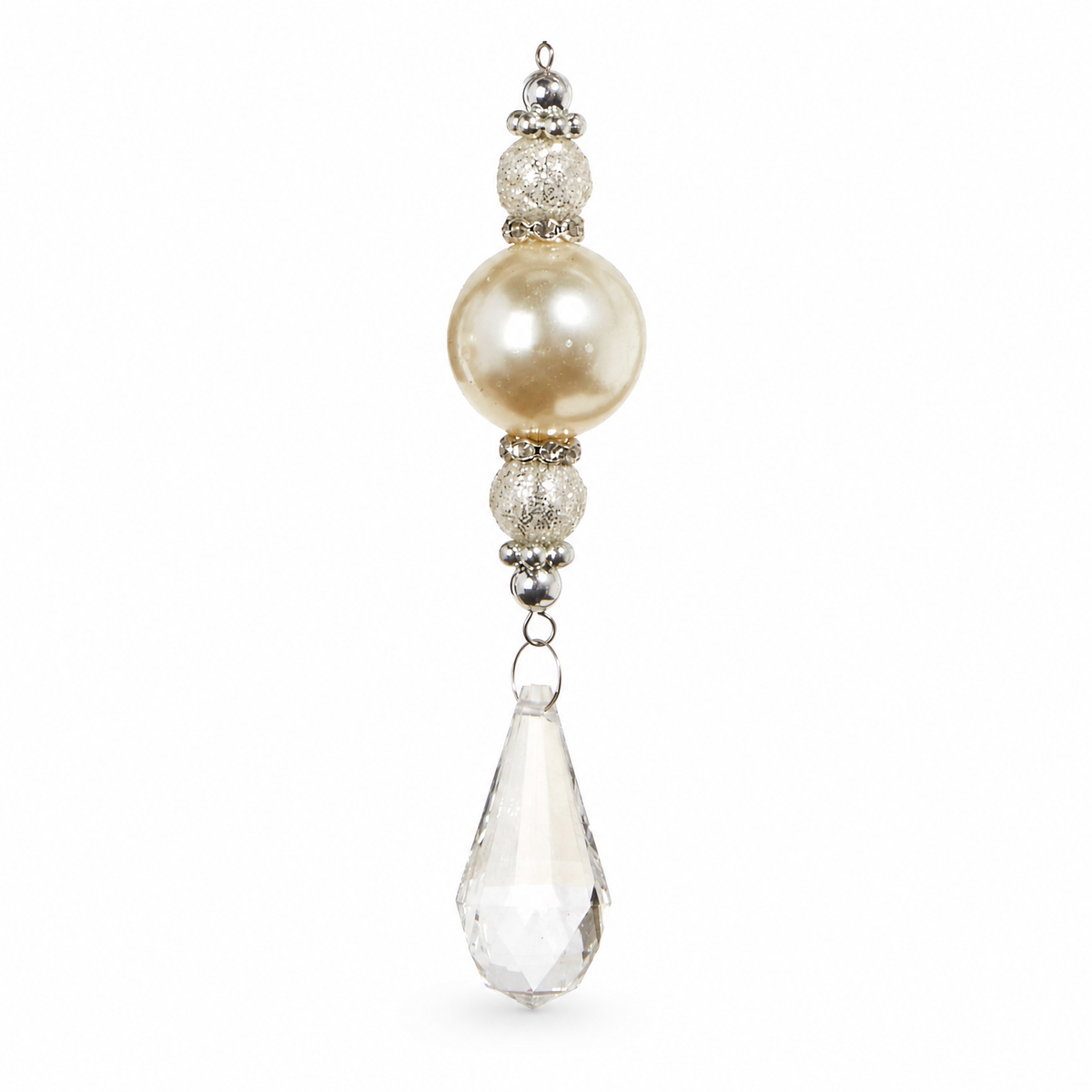 Crystal Pearl Drop Ornament, Teardrop Crystal design: a narrow many-faceted teardrop with a short point