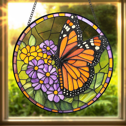 Monarch Butterfly Stained Glass Suncatcher, Flowers Ornament