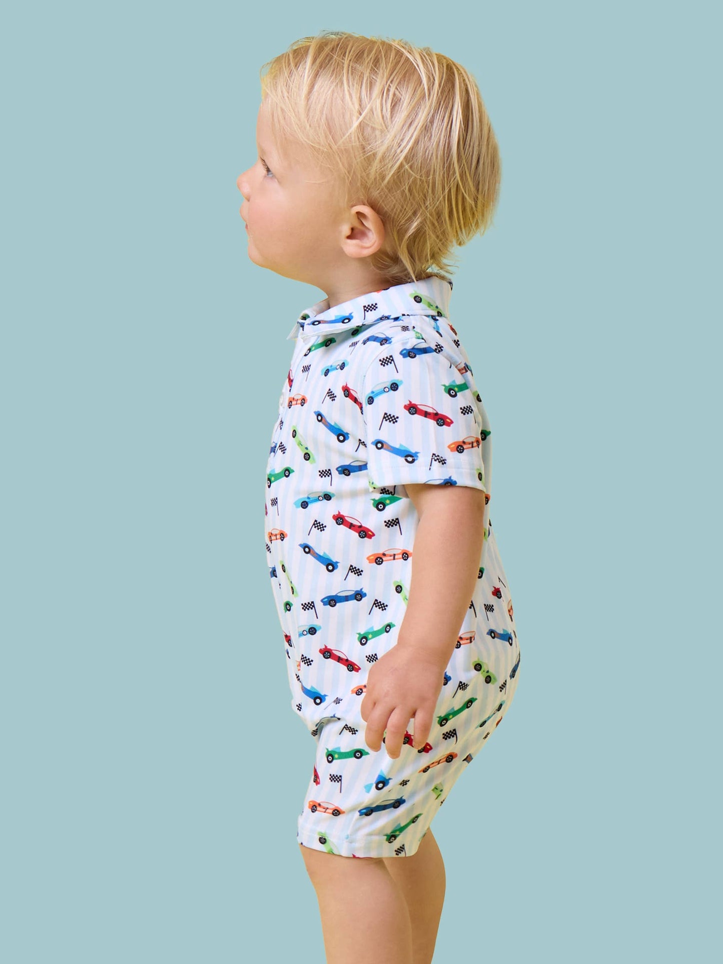 Baby Boys Let's Roll Racecar Performance Polo Romper: Blue