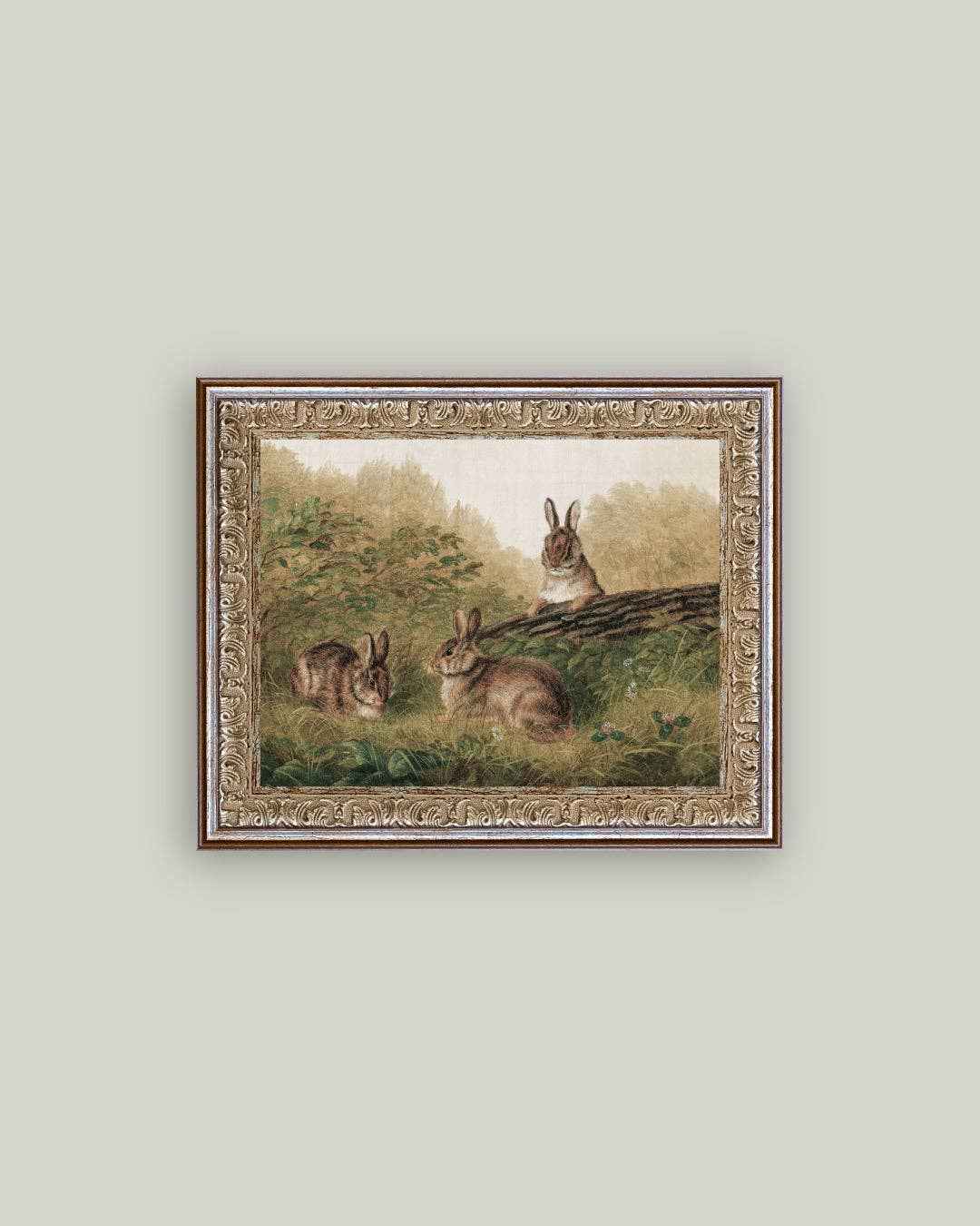 Rabbits on a Log Framed Antique Art