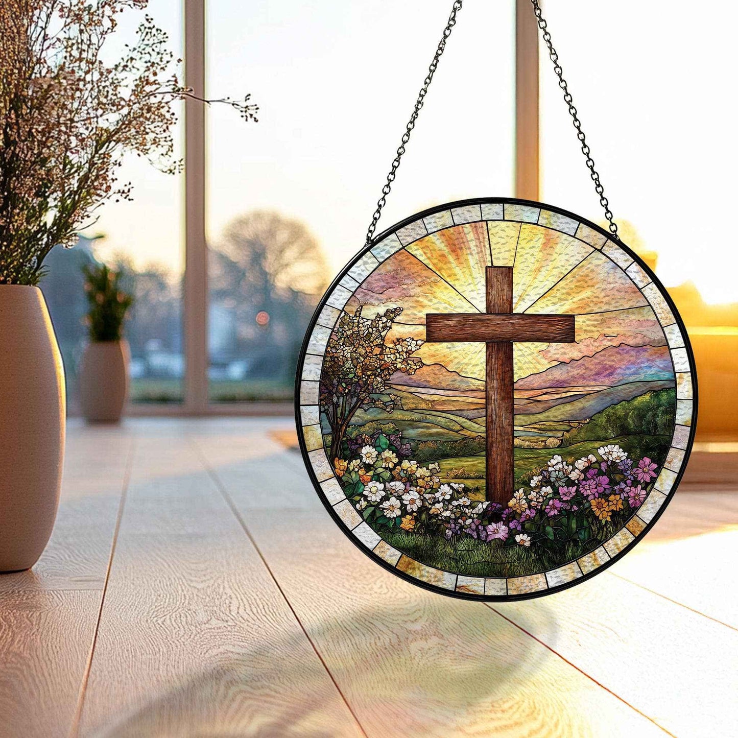 Cross And Wildflowers Strained Glass Suncatcher, Christian