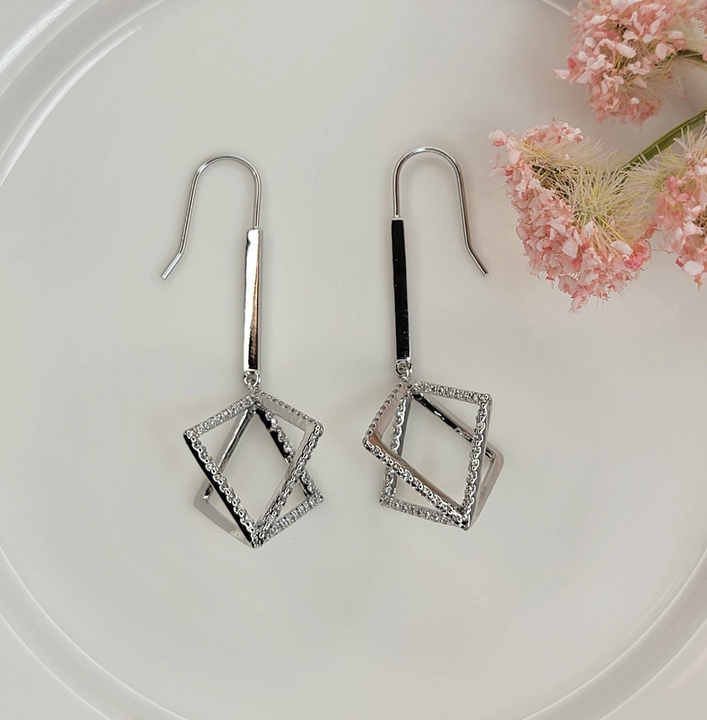 Cube Shaped Brass w/ CZ  Drop Earring