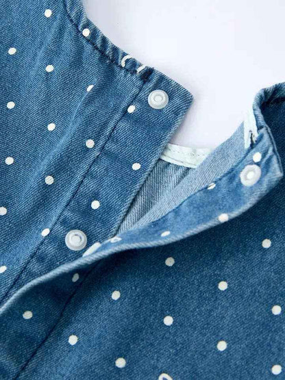 Spring Bow Dot Denim Ruffle Top and Pants Set 3/4 Pants: Blue / 8/9Y