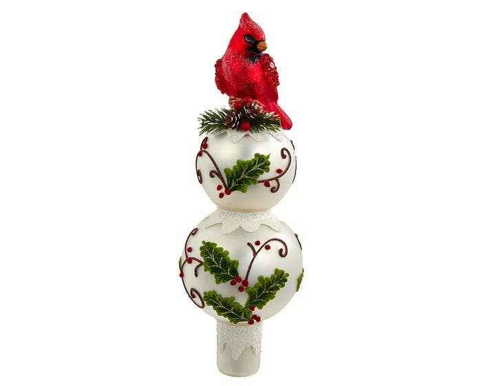 12"GLASS HOLLY+CARDINAL TREE TOP