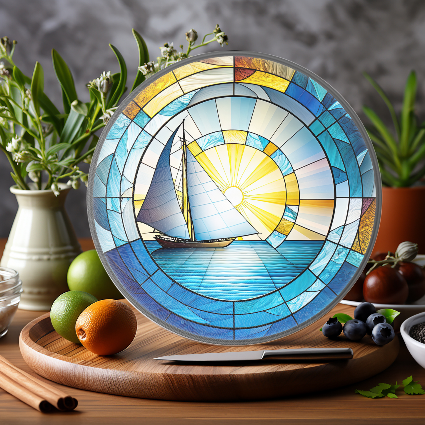 Tempered Glass Cutting Board: Sailboat Nautical Serving Tray: 12 - Inch