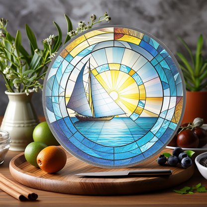 Tempered Glass Cutting Board: Sailboat Nautical Serving Tray: 12 - Inch