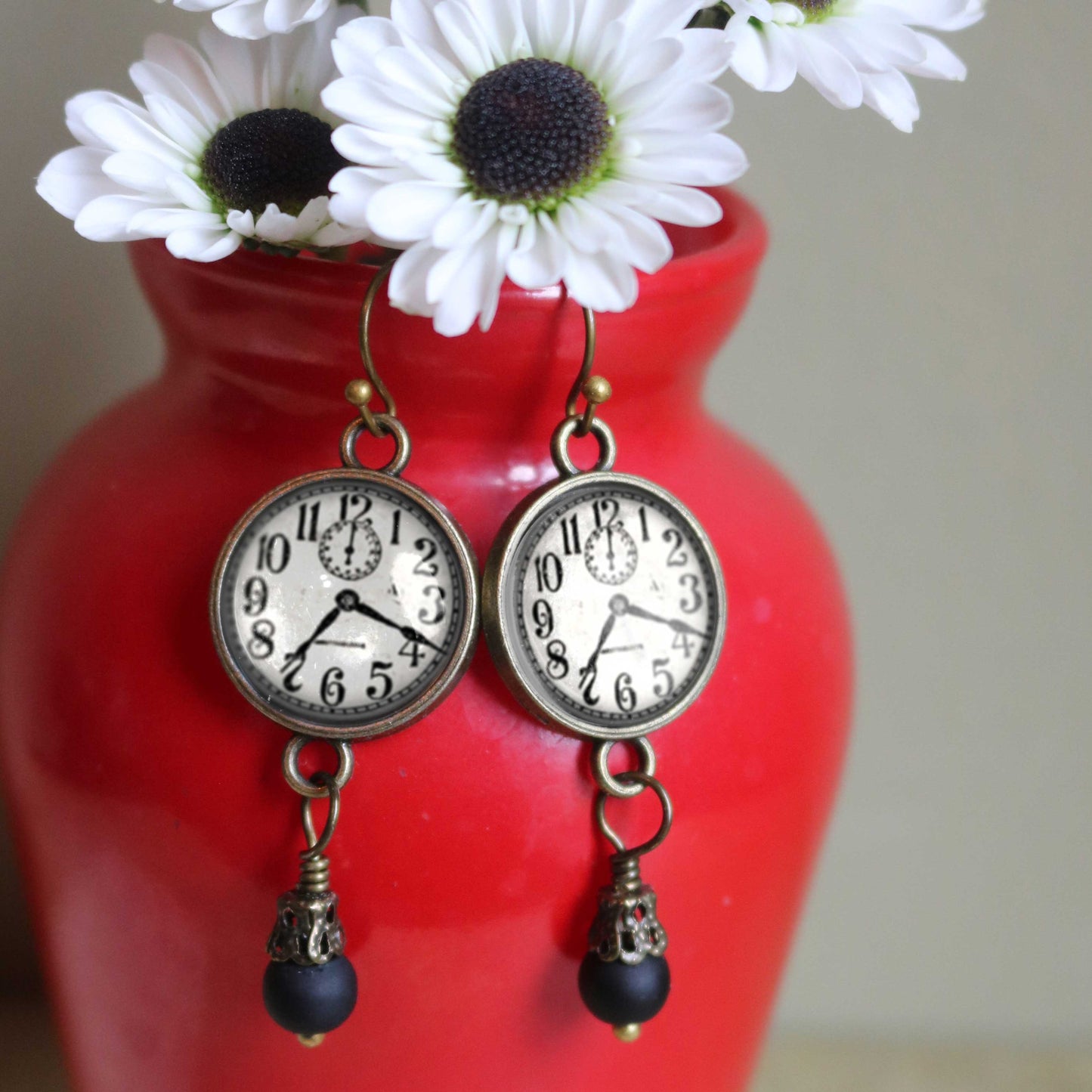 Edwardian Clock Steampunk Glass Cabochon and Bronze Earrings