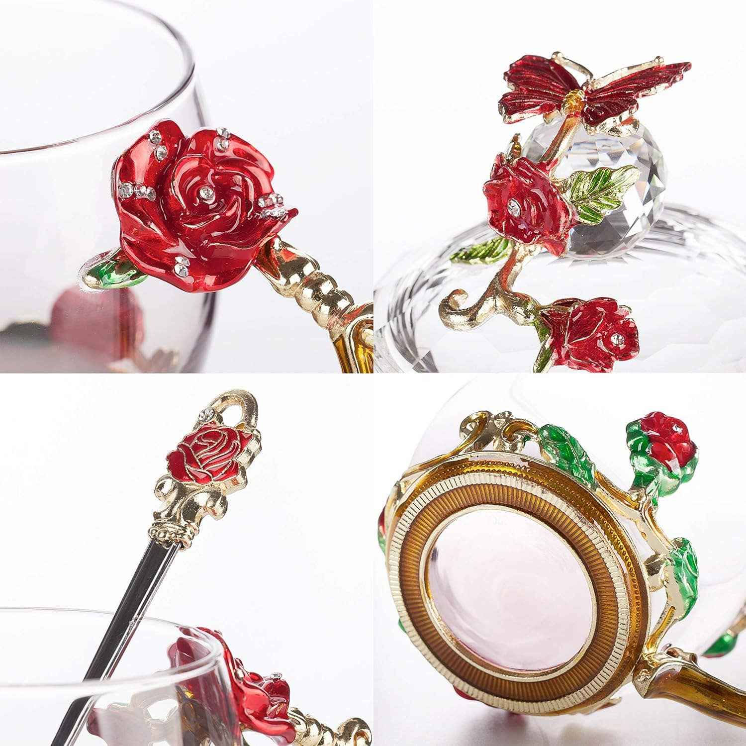 Floral Glass Tea Cups with Lids – Set of 2