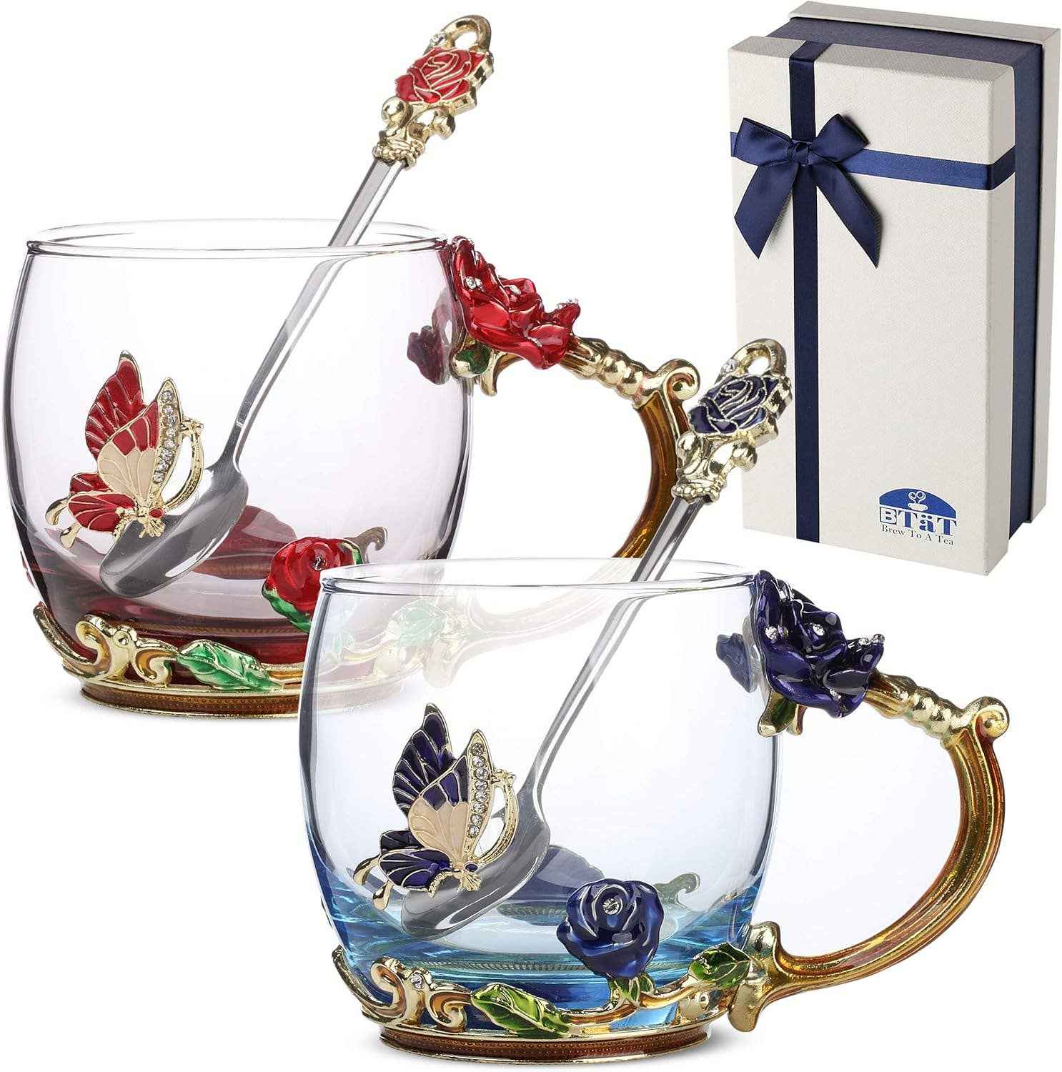 Floral Glass Tea Cups – Set of 2