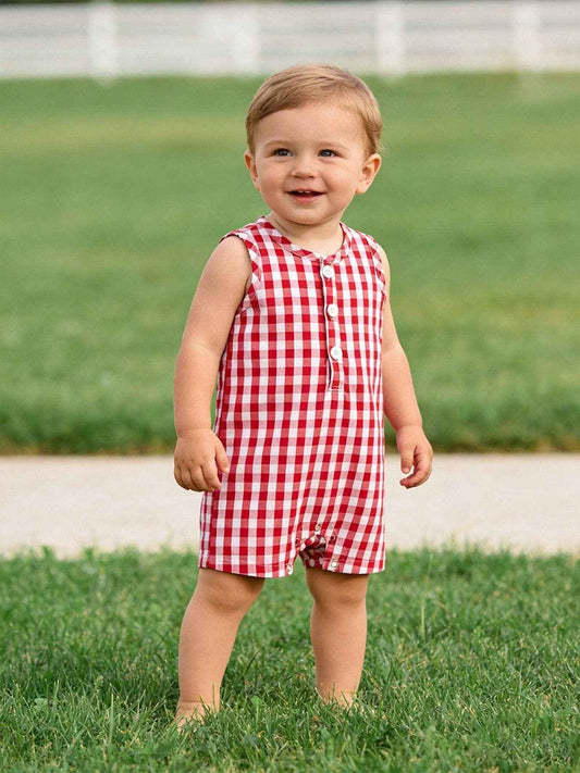 Summer Plaid Smocked Ruffle Boys Romper Sibling Outfits: 18M