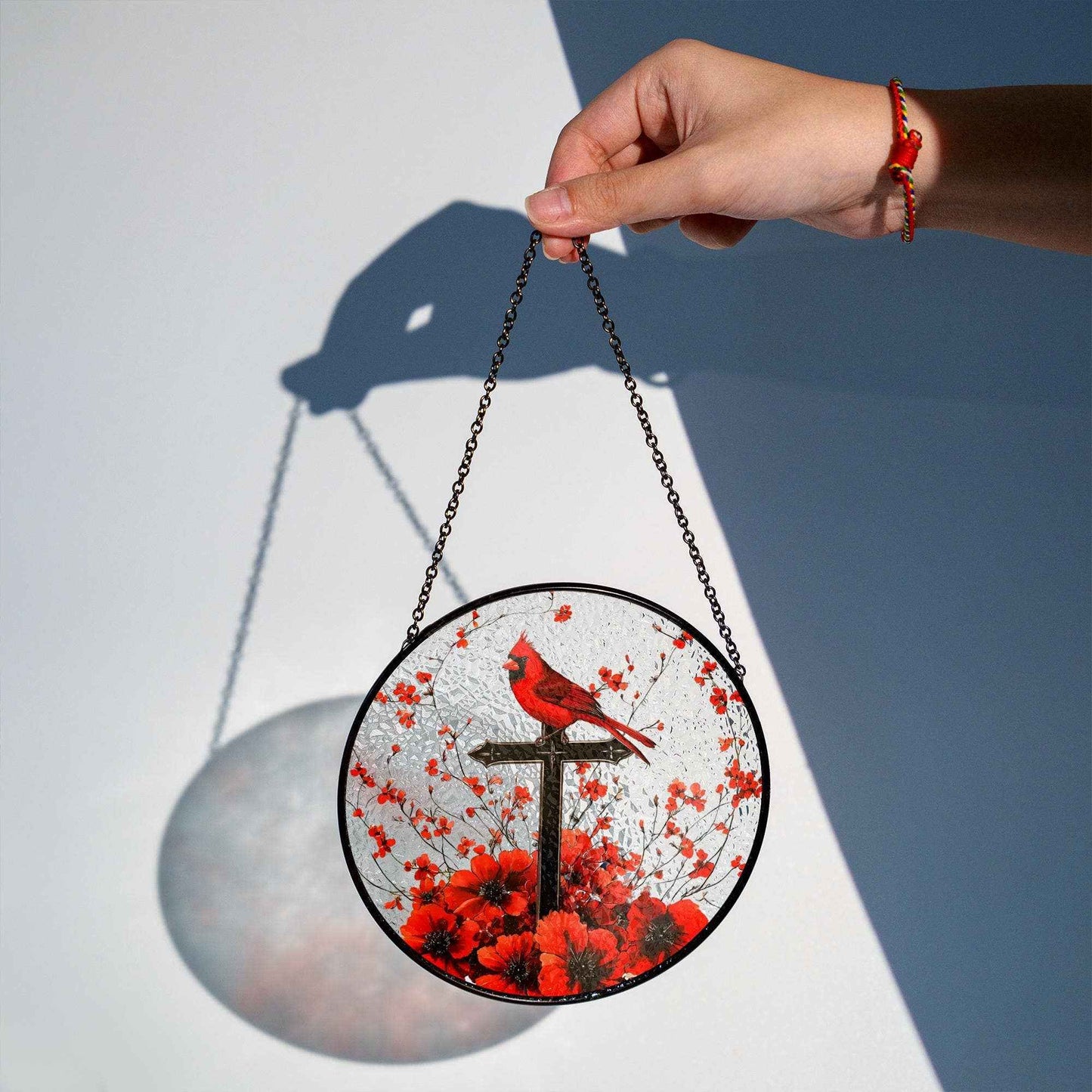 Cardinal & Cross Stained Glass Suncatcher, Window Decor