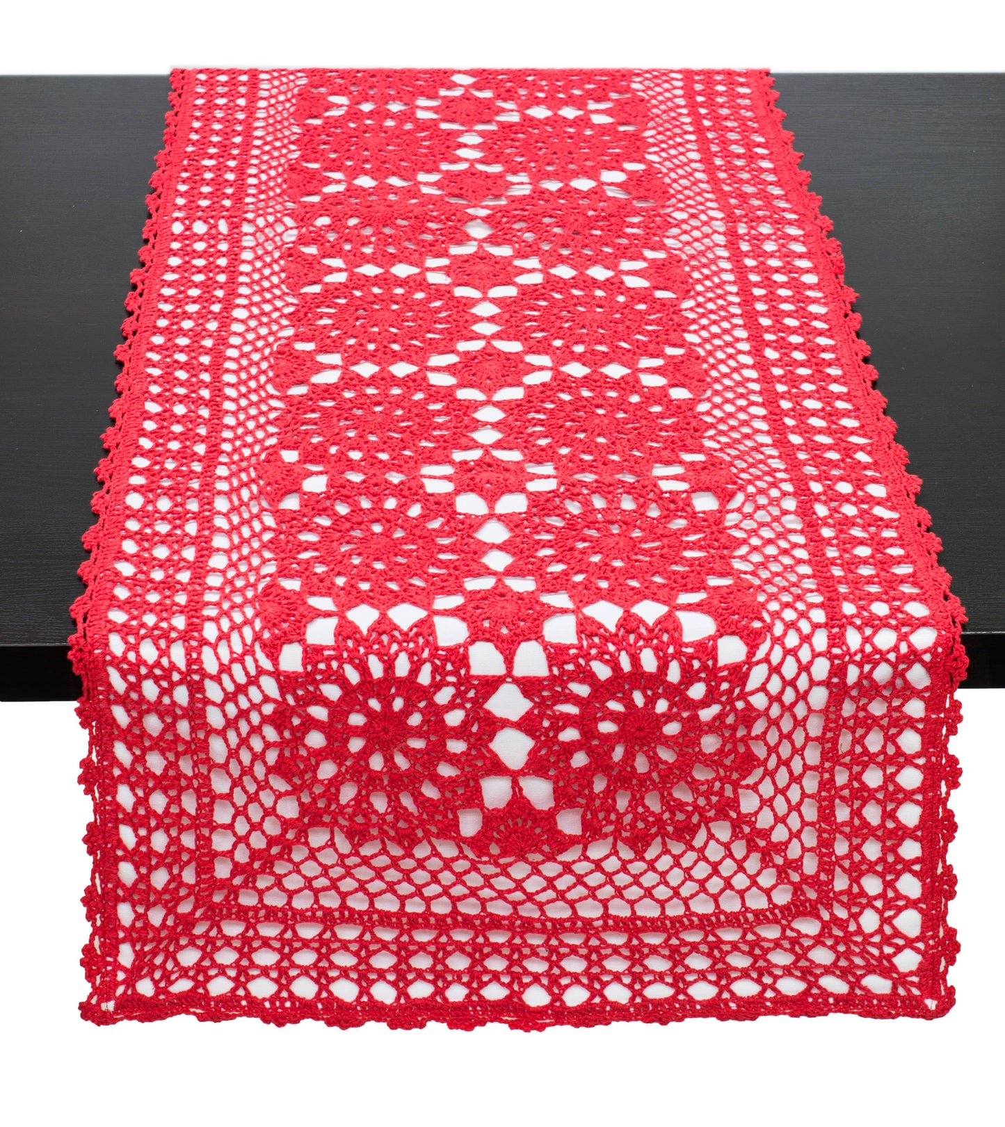 Red Hand Crocheted Mandala Cotton Table Runner