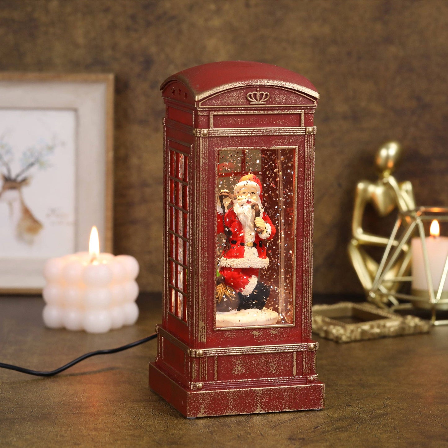 Christmas Musical Phone Booth Snow Globe with Santa on Phone Scene for Christmas Decoration