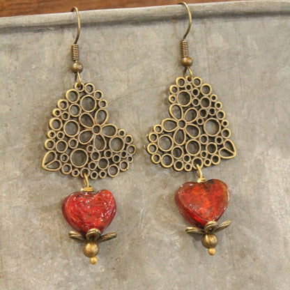 Filigree Hearts & Red Czech Bead Earrings