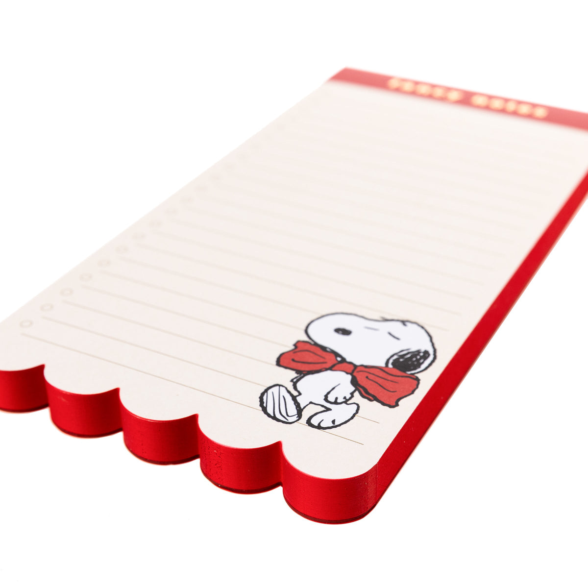 Peanuts Scallop List Pad, A cream list pad with a red fancy notes header, a red scallop die-cut bottom edge and Snoopy in a red bow tie printed at the corner.
