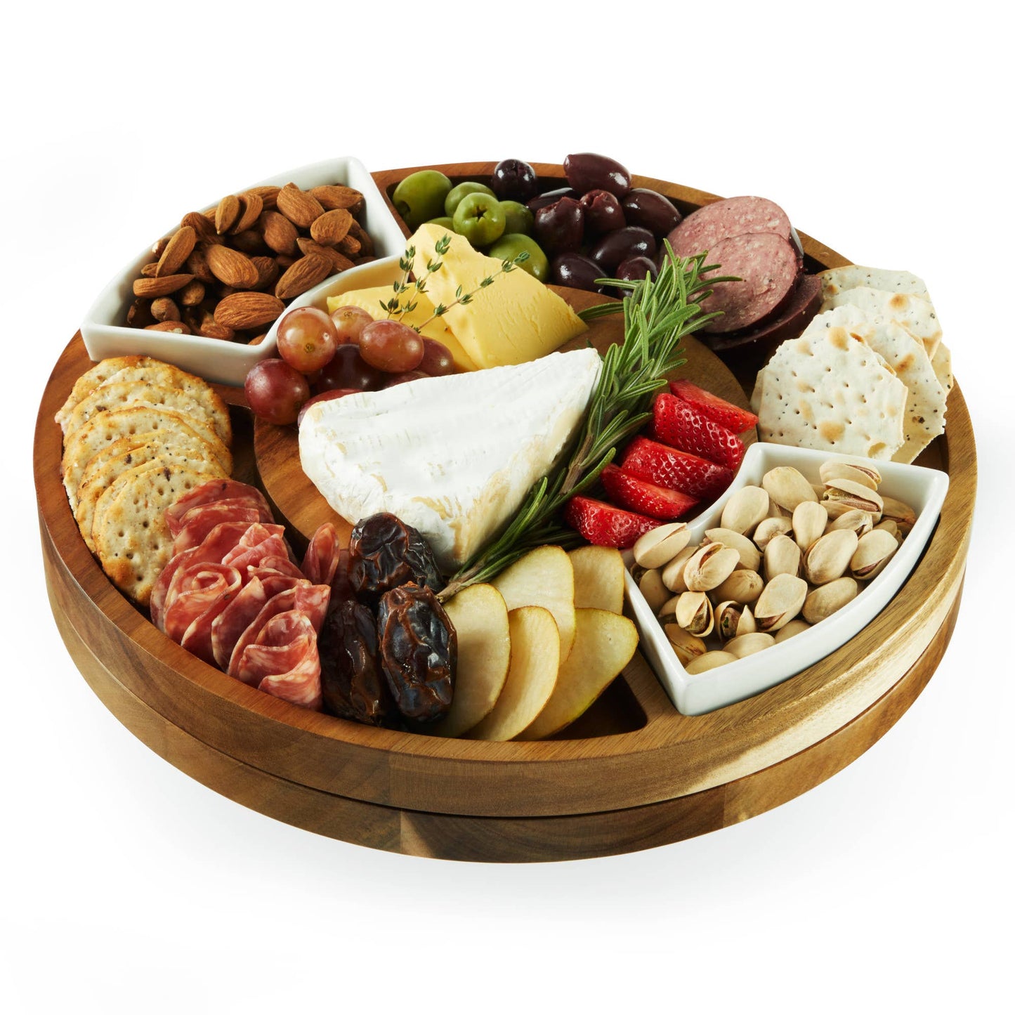 13 inch Rotating Acacia Charcuterie Board w 2 Ceramic Bowls