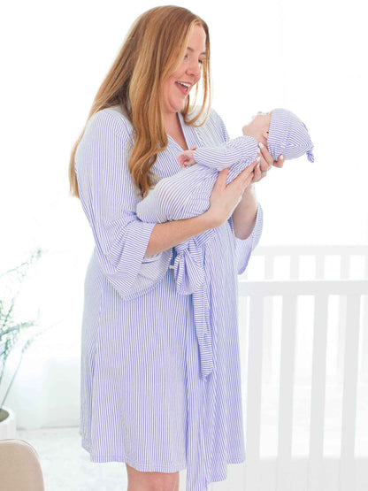 SoftSnooze™ Baby Boys Bamboo Viscose Periwinkle & White Micro Stripe Knotted Sleep Gown & Hat Set: Blue / Newborn-3m