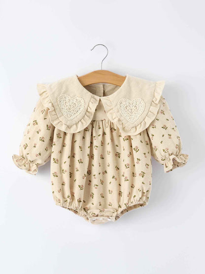 Baby Girl Long Sleeve Apricot Floral Romper with Heart Collar: 18M