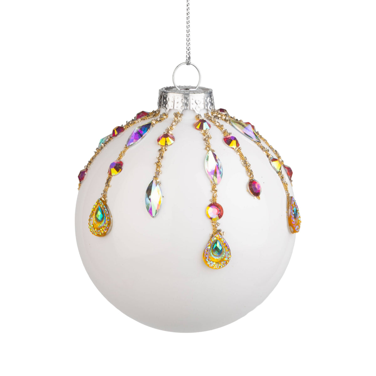 Shiny white ball ornament jeweled bands 3 in