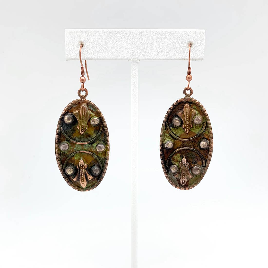 Copper Patina Earrings -Filigree in Green Ovals