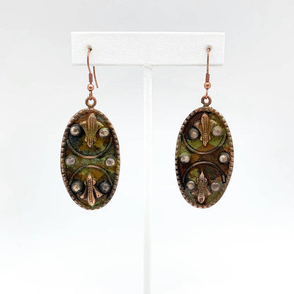 Copper Patina Earrings -Filigree in Green Ovals