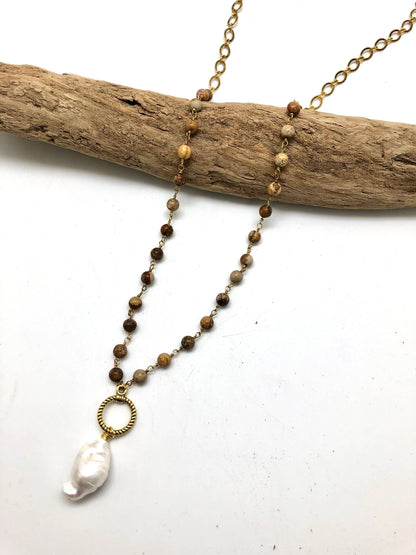 Necklace Long Picture Jasper(6mm) w/Baroque Pearl 34”