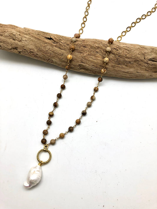 Necklace Long Picture Jasper(6mm) w/Baroque Pearl 34”